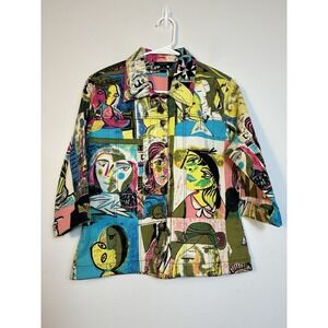 Kaktus Jacket Women's Sz M Art To Wear Colorful Cotton 3/4 Sleeve Art Teacher
